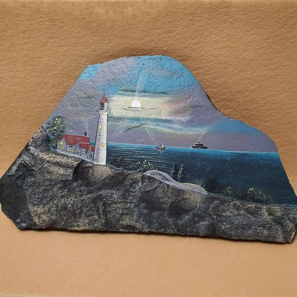 Hand Crafted | Accents | Vintage Hand Painted Lighthouse On Slate Stone ...
